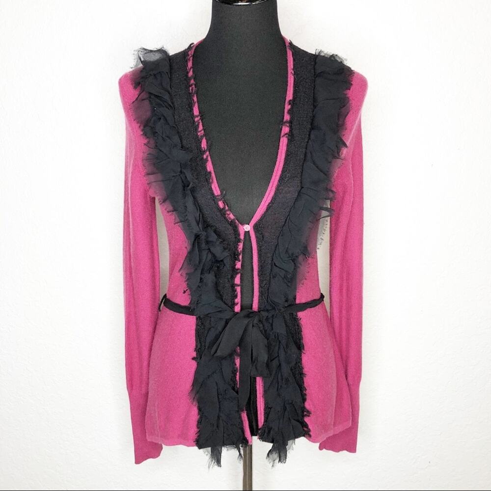 Tracy Reese New York dark pink black ruffle trim belted cardigan size Small